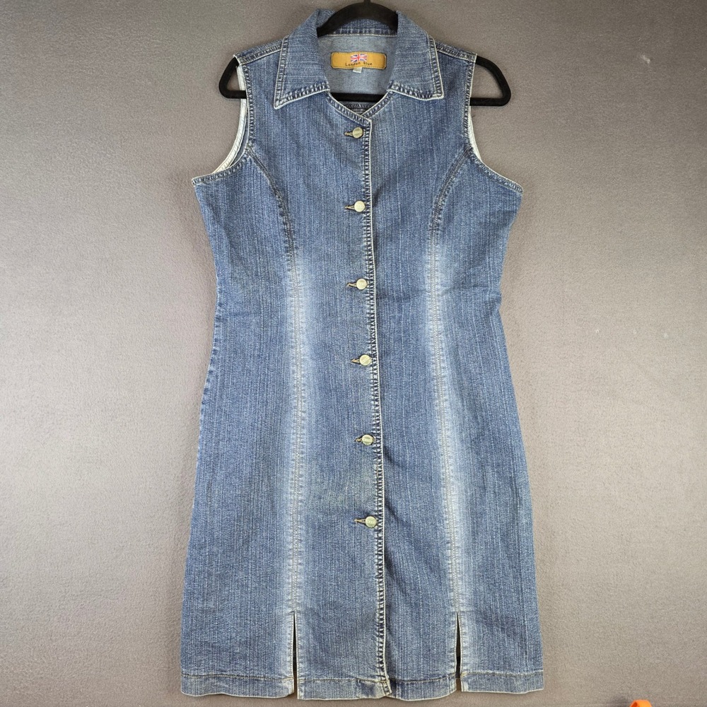 London Blue Jeans Sleeveless Denim Button Down Dress Blue Wash Large